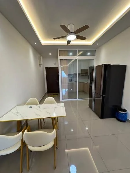 Dining features: white marble dining table, 4 white upholstered dining chairs, grey tiled flooring, 5-blade ceiling fan with light, recessed LED downlights, glass sliding door, black refrigerator, kitchen area visible in background; style: modern.