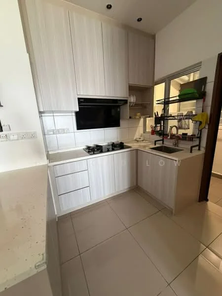 Kitchen features: light wood cabinetry, white countertop, built-in oven, 4-burner gas hob, stainless-steel range hood, white tiled backsplash, under-cabinet lighting, open shelving, floor tiles, recessed ceiling lights; style: modern.