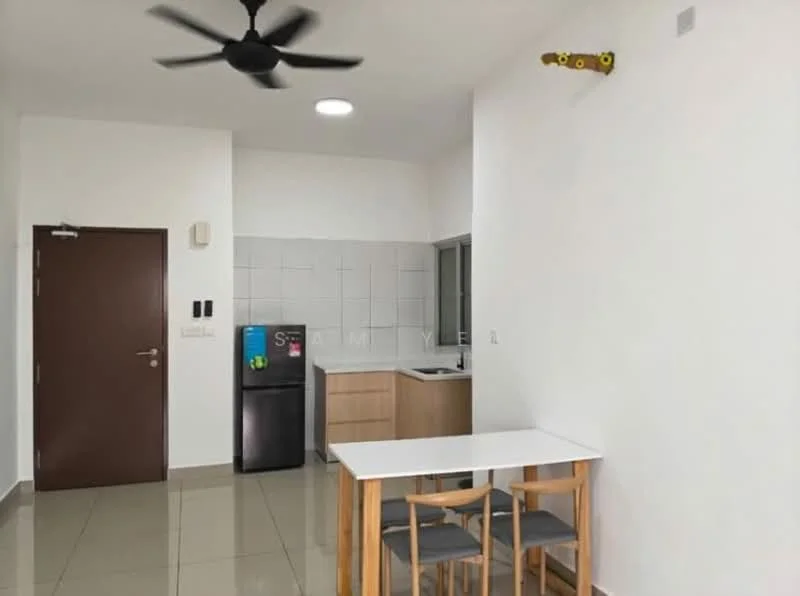 Kitchen features: white painted walls, glossy tile flooring, ceiling fan, single-bowl stainless-steel sink, chrome pull-down faucet, laminate countertop, wood cabinetry, built-in fridge, window, dining table with 4 wooden chairs; style: modern.