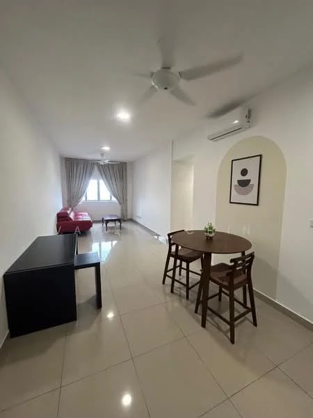 Living features: white painted walls, glossy ceramic tile flooring, 5-blade ceiling fan with light, recessed downlights, floor-to-ceiling windows, curtains, red fabric sofa, wooden dining table with 2 chairs, black console table, decorative wall art; style: modern.
