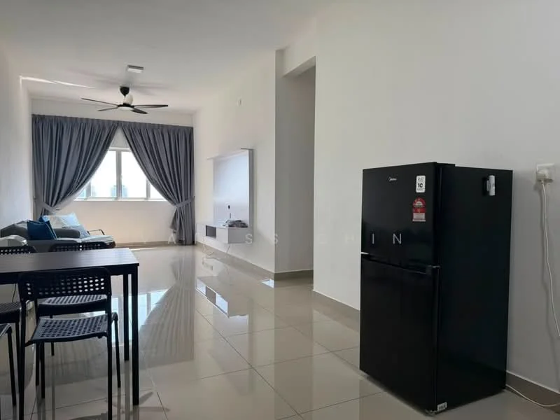 Living features: white painted walls, glossy tile flooring, 5-blade ceiling fan, floor-to-ceiling window, grey curtains, black refrigerator, TV console, sofa with cushions, dining table with chairs; style: modern; view: city.