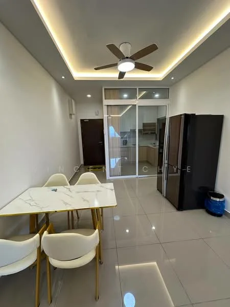 Dining features: 4-seater dining table with marble top, white upholstered dining chairs, grey tiled flooring, ceiling fan with 5 blades, recessed LED downlights, glass sliding door, built-in kitchen cabinetry visible, stainless-steel fridge; style: modern.
