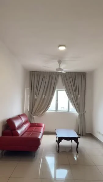 Living features: red leather sofa, wood coffee table, white painted walls, glossy tile flooring, ceiling fan with light, floor-to-ceiling window, sheer curtains, natural light; style: modern.