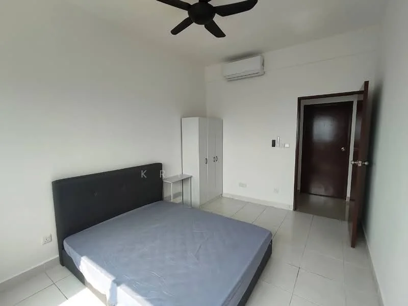Bedroom features: white painted walls, tile flooring, 5-blade ceiling fan, wall-mounted split AC, black upholstered bed frame, mattress on bed frame, white wardrobe, side table, wooden door, door frame, window with natural light; style: minimalist.