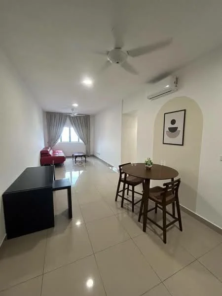 Living features: white painted walls, glossy ceramic tile flooring, 5-blade ceiling fan with light, floor-to-ceiling windows, sheer curtains, sofa in red, wooden dining table, 4 wooden dining chairs, coffee table, air conditioning unit; style: modern.