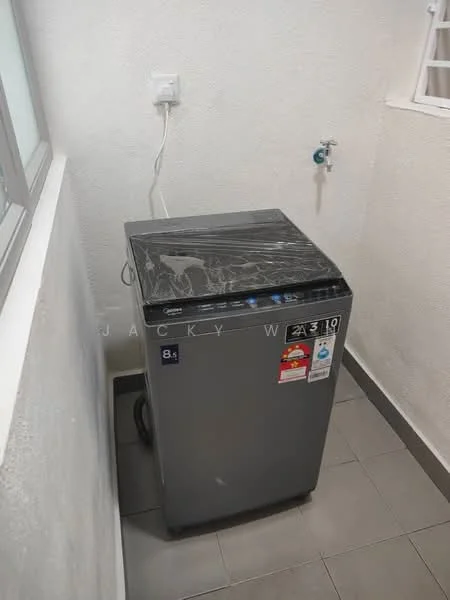 Laundry features: top-load washing machine in grey, marble-patterned lid, water supply tap, grey tiled flooring, white painted walls, window for natural light.
