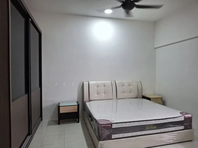 Bedroom features: queen-size bed, upholstered headboard, 2 bedside tables, ceiling fan, white painted walls, tile flooring, built-in wardrobe with sliding doors, natural light from window; style: modern.