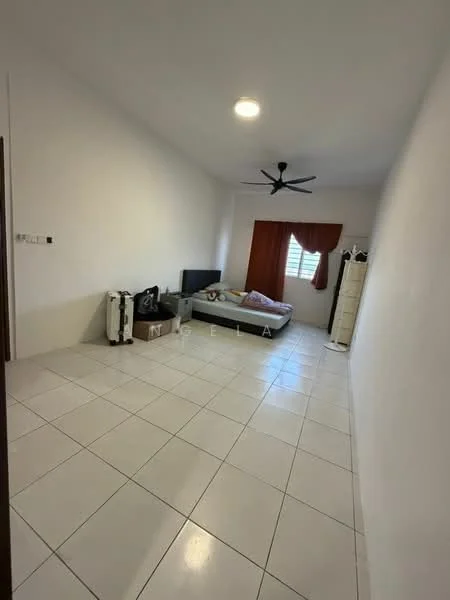 Bedroom features: white painted walls, tile flooring, 5-blade ceiling fan with light, window with curtains, queen-size bed, TV on stand, dresser, suitcase.