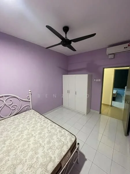 Bedroom features: purple painted walls, white tiled flooring, 5-blade ceiling fan, built-in wardrobe with sliding doors, queen-size bed frame without mattress, air conditioning unit on wall.