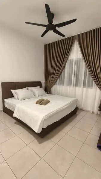 Bedroom features: king-size bed, upholstered headboard, white bedding, 2 decorative towels, floor-to-ceiling windows, sheer curtains, brown blackout curtains, 5-blade ceiling fan, tile flooring, white painted walls; style: modern.