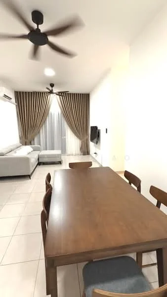 Dining features: wooden dining table, 6 dining chairs, pendant light, 5-blade ceiling fan, white walls, tile flooring, curtains, wall-mounted TV; style: modern. Living features: fabric sofa, coffee table, floor-to-ceiling windows, sheer curtains, grey accent wall; style: modern.