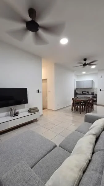 Living features: 3-seater fabric sofa in grey, wall-mounted TV, TV console, ceiling fan, recessed LED downlights, area rug, tile flooring, white painted walls; style: modern. Dining features: 6-seater dining table, wooden dining chairs, ceiling fan, open layout to kitchen, tile flooring, white painted walls; style: modern. Kitchen features: kitchen cabinets, stainless-steel appliances, open layout to dining area, tile flooring, white painted walls; style: modern.