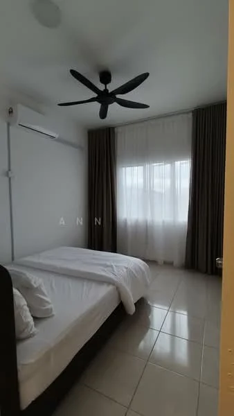 Bedroom features: queen-size bed, white bedding, 2 bedside lamps, 5-blade ceiling fan, wall-mounted air conditioning unit, floor-to-ceiling window, sheer curtains, dark brown curtains, glossy tile flooring, decorative wall art; style: modern.