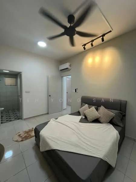 Bedroom features: king-size bed, upholstered headboard, bedding with throw blanket, 2 bedside pillows, 3 decorative cushions, 5-blade ceiling fan, recessed downlights, wall-mounted air conditioning unit, grey painted walls, tile flooring, area rug, doorway to bathroom, doorway to hallway; style: modern.