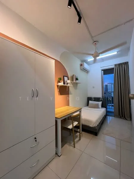 Bedroom features: white painted walls, glossy tile flooring, 5-blade ceiling fan with light, single bed with white bedding, built-in wardrobe with sliding doors, wooden study table, chair, curtains, floor-to-ceiling window, air conditioning unit; style: modern; view: city.