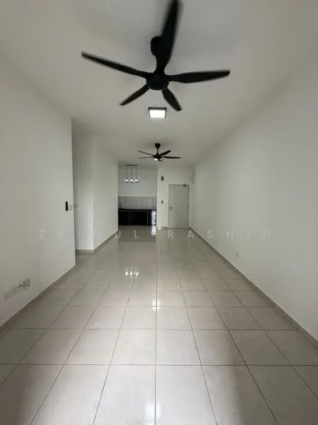 Living features: white painted walls, glossy ceramic tile flooring, 2 ceiling fans, recessed LED downlights, open layout, kitchen area visible in background, doorway leading to other rooms, neutral color scheme; style: modern.