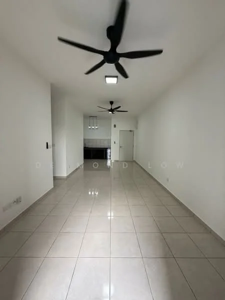 Living features: white painted walls, glossy ceramic tile flooring, 2 ceiling fans, recessed ceiling lights, open layout, door leading to another room, kitchen area visible in the background; style: modern.