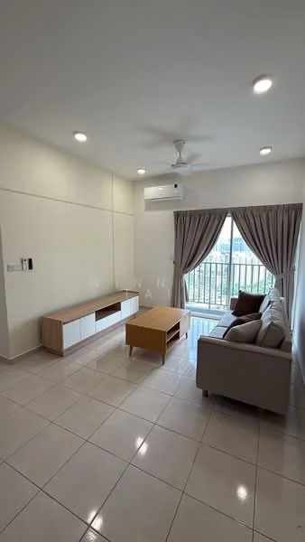 Living features: cream painted walls, white ceiling, recessed downlights, 5-blade ceiling fan with light, large sliding glass door, floor-to-ceiling windows, curtains, light-colored sofa, wooden coffee table, TV console, ceramic tile flooring; style: modern; view: city.
