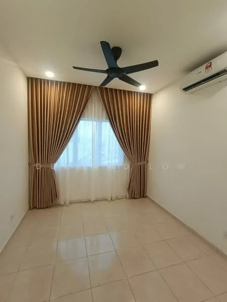 Room features: cream painted walls, tile flooring, 5-blade ceiling fan with light, floor-to-ceiling window, sheer curtains, brown curtain drapes, wall-mounted split AC.