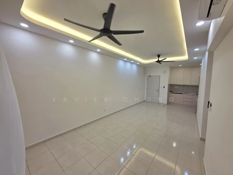 Living features: white painted walls, glossy ceramic tile flooring, tray ceiling with LED strip lighting, 2 ceiling fans, floor-to-ceiling windows, open layout to kitchen, air conditioning unit, neutral color palette; style: modern.