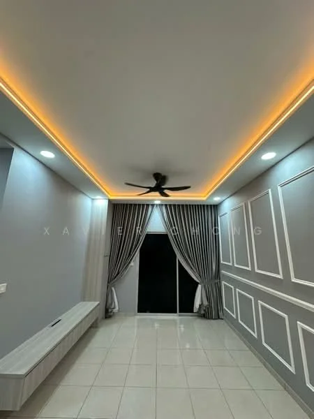 Room features: white painted walls, grey accent wall with paneling, glossy tile flooring, recessed downlights, 5-blade ceiling fan, curtains with tiebacks, LED strip lighting along ceiling, built-in wall shelf; style: modern.
