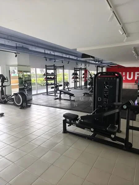 Room features: exercise equipment, weightlifting racks, cardio machines, rubber flooring, mirrored wall, large windows for natural light, ceiling lights, open layout, fitness mats; style: modern; view: garden.