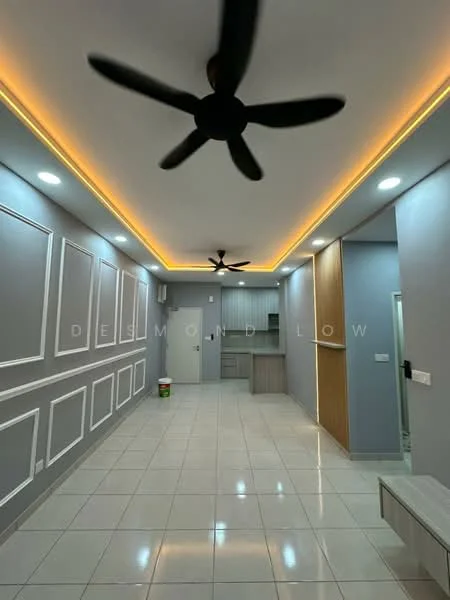 Room features: white painted walls with crown moulding, grey accent wall, polished ceramic tile flooring, recessed LED downlights, 5-blade ceiling fan, wood cabinetry, open layout, decorative wall panels, doorway leading to kitchen area; style: modern.