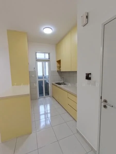 Kitchen features: yellow cabinetry, white tiled backsplash, white walls, white tiled flooring, single-bowl stainless-steel sink, chrome pull-down faucet, built-in oven, 4-burner gas hob, refrigerator space, window with view to outside, ceiling light fixture; style: modern.