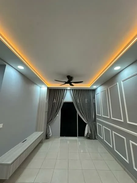 Room features: white painted walls, grey accent wall with paneling, glossy tile flooring, recessed LED downlights, 5-blade ceiling fan, curtains in grey, built-in wall shelf, black sliding door; style: modern.