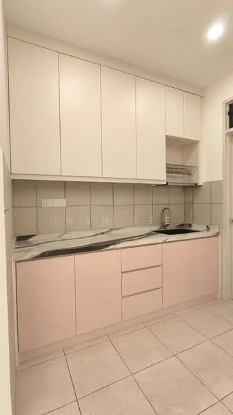 Kitchen features: light pink cabinetry, white upper cabinets, grey marble countertop, single-bowl stainless-steel sink, chrome pull-down faucet, ceramic tile flooring, grey tiled backsplash, open shelving above sink; style: modern.