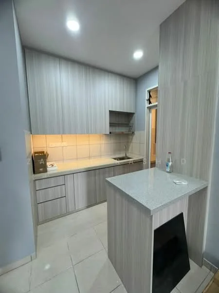 Kitchen features: light grey cabinetry, granite countertop, built-in stove, under-cabinet lighting, tile backsplash, stainless-steel sink, single-bowl sink, wall-mounted shelves, ceramic tile flooring, recessed ceiling lights; style: modern.