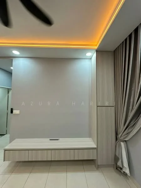 Room features: grey painted walls, recessed LED downlights, wooden wall paneling, built-in cabinetry, suspended ceiling with LED strip lighting, floor tiles, curtains, wall-mounted TV console; style: modern.