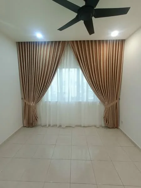 Room features: cream painted walls, white sheer curtains, brown drapes, ceiling fan, recessed downlights, tile flooring; style: modern.