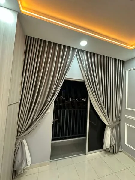Room features: grey curtains, floor-to-ceiling glass door, white wall, light-colored wall paneling, recessed ceiling lights, orange LED strip lighting, ceramic tile flooring, balcony view; style: modern; view: city.