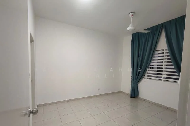 Room features: white painted walls, tile flooring, ceiling fan, curtains in teal, window with horizontal blinds.