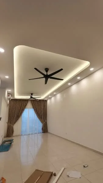 Living features: white painted walls, glossy tile flooring, tray ceiling with LED strip lighting, 5-blade ceiling fan, floor-to-ceiling windows, sheer curtains, curtains in beige, recessed downlights; style: modern.