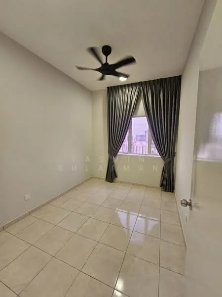 Room features: white painted walls, tile flooring, 5-blade ceiling fan with light, floor-to-ceiling window, grey curtains, city view; style: modern; view: city.
