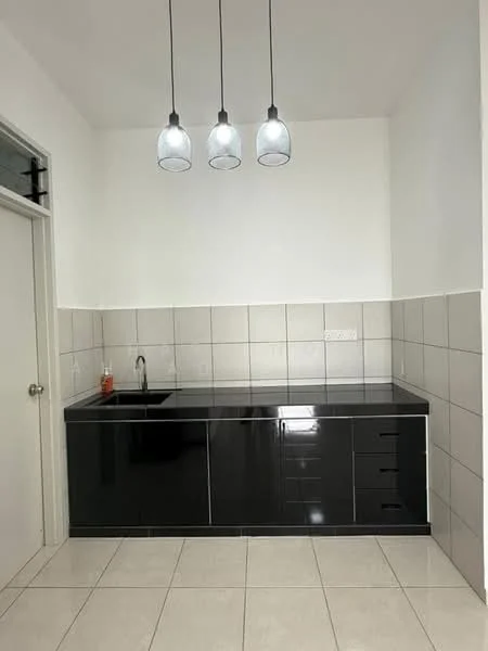 Kitchen features: black glossy cabinetry, black countertop, single-bowl stainless-steel sink, chrome pull-down faucet, grey tiled backsplash, white painted walls, white ceiling, 3 pendant lights, ceramic tile flooring; style: modern.
