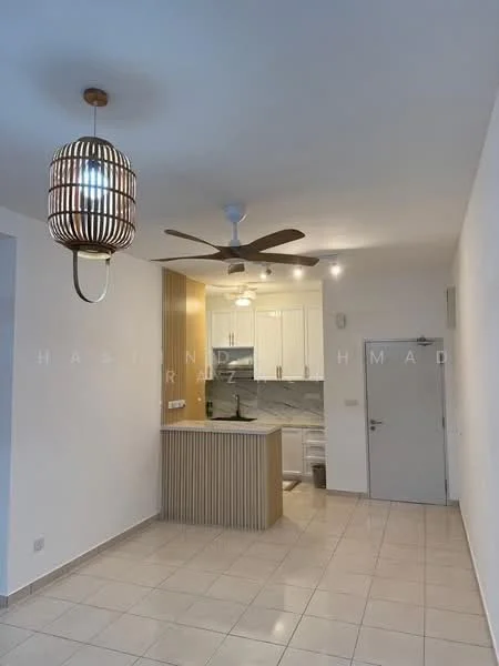 Living features: white painted walls, tile flooring, 5-blade ceiling fan with light, pendant lamp, kitchen island with wood paneling, built-in cabinetry, stainless-steel appliances, marble backsplash, open layout, recessed lighting; style: modern.