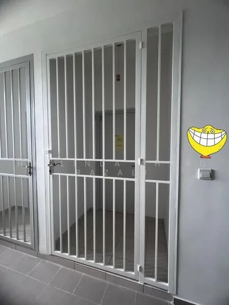 Room features: metal security gate, grey tiled flooring, white painted walls, elevator access, light switch, door frame, metal bars, safety signage; style: modern.