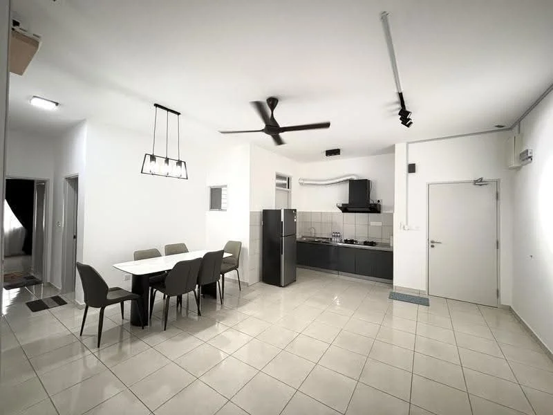 Kitchen features: grey cabinetry, stainless-steel fridge, built-in oven, 4-burner gas hob, black extractor hood, white tiled backsplash, grey countertop, recessed downlights, floor-to-ceiling windows, white walls, ceramic tile flooring, ceiling fan; style: modern. Dining features: 6-seater dining table, upholstered dining chairs, pendant lighting, white walls, ceramic tile flooring; style: modern.