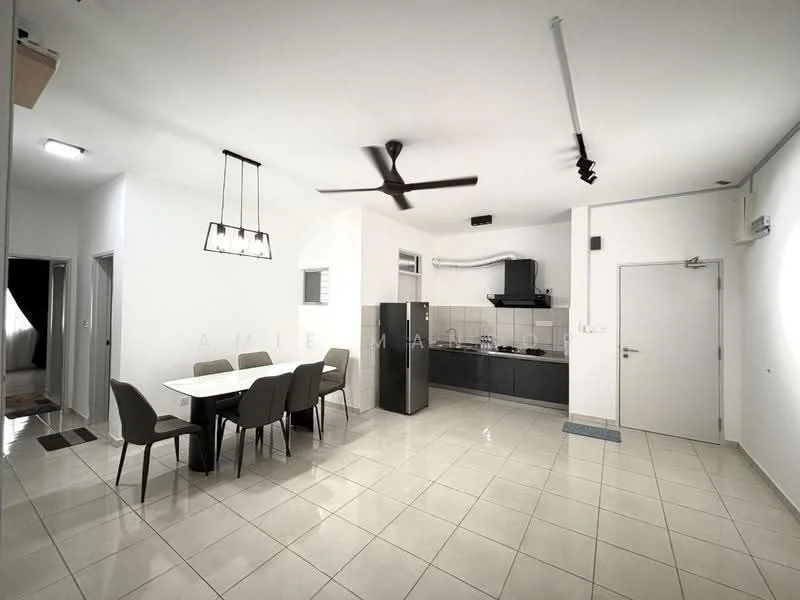 Dining features: 6-seater dining table, upholstered dining chairs, pendant lighting, white walls, ceramic tile flooring, recessed downlights, ceiling fan, open layout to kitchen, window with natural light, air conditioning unit; style: modern. Kitchen features: stainless-steel sink, chrome pull-down faucet, black cabinetry, grey countertop, built-in oven, freestanding range oven, microwave, tile backsplash, open shelving, exhaust hood; style: modern.