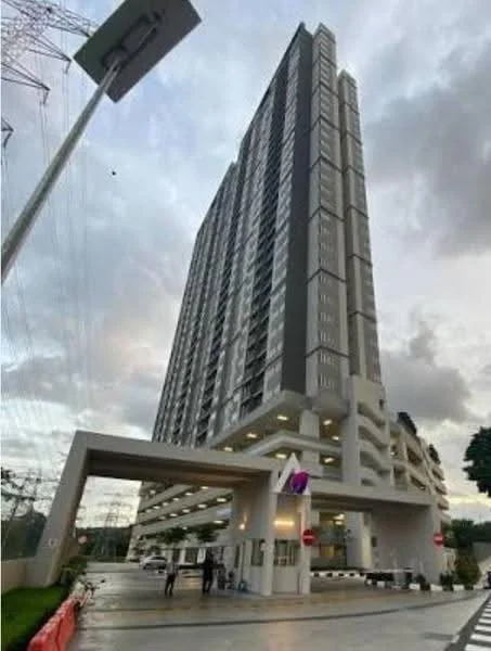 Exterior type: high-rise condominium; features: grey painted facade, glass curtain wall, recessed balconies, projecting balconies, flat roof, approximately 20-storey high-rise, manicured landscaping, driveway with interlocking pavers, double-volume main lobby, security access with boom gate; style: modern.
