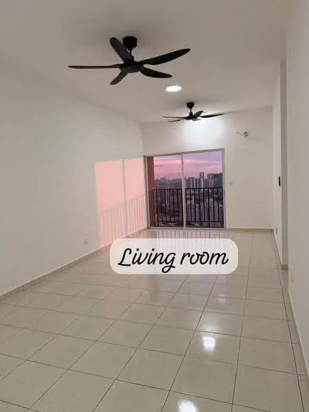 Living features: white painted walls, glossy ceramic tile flooring, 2 ceiling fans, large sliding glass door, balcony with railing, recessed downlights, city skyline view, neutral color scheme; style: modern; view: city.