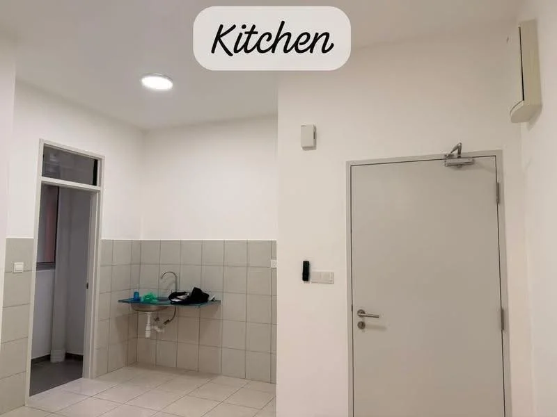 Kitchen features: white painted walls, grey tiled backsplash, single-bowl stainless-steel sink, chrome faucet, light-colored floor tiles, ceiling light fixture, wall-mounted air conditioning unit, door with handle; style: modern.