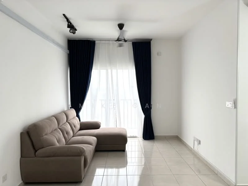 Living features: L-shape sectional sofa in beige, floor-to-ceiling windows, sheer curtains, dark blue curtains, recessed downlights, 5-blade ceiling fan, glossy tile flooring, white painted walls; style: modern.