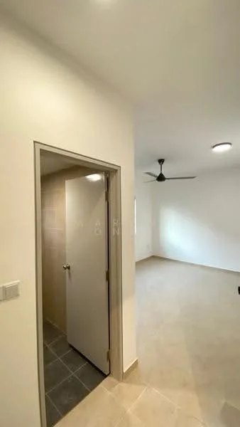 Room features: white painted walls, light-colored tiled flooring, ceiling fan, door leading to another room, window with natural light, recessed ceiling lights; style: modern.