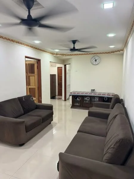 Living features: 2 brown fabric sofas, coffee table, wall-mounted clock, ceiling fan with 5 blades, recessed LED downlights, cream painted walls, glossy tile flooring, wooden console table, doorway leading to other rooms; style: modern.