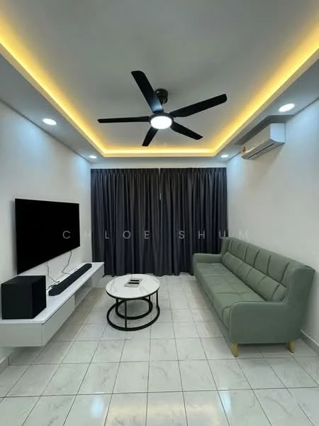 Living features: 3-seater fabric sofa in green, round coffee table with black metal base, wall-mounted TV, TV console, 5-blade ceiling fan with integrated LED light, recessed downlights, grey curtains, white painted walls, white tiled flooring, wall-mounted split AC; style: modern.