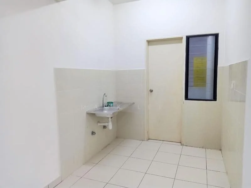 Room features: white painted walls, light grey tiled walls, white tiled flooring, single-bowl stainless-steel sink, chrome faucet, door leading to another room, window with black frame, visible plumbing under sink; style: minimalist.